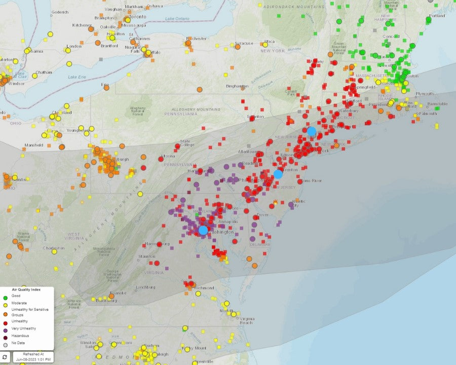 Air Quality Index (AQI) map showing smoke plume on June 8, 2023.
